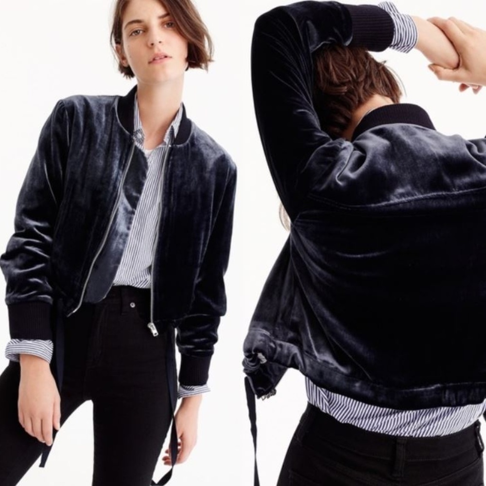 J.CREW Velvet bomber jacket with waist ties